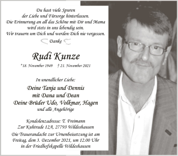 Todesanzeige von Rudi Kunze von SYK