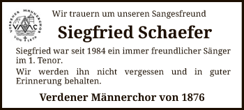 Todesanzeige von Siegfried Schaefer von SYK