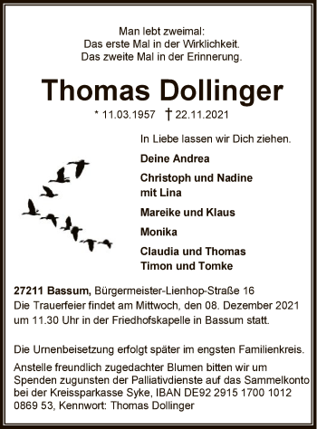 Todesanzeige von Thomas Dollinger von SYK