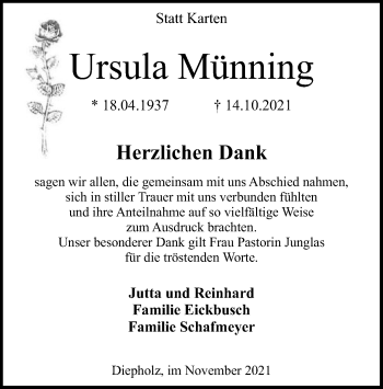 Todesanzeige von Ursula Münning von SYK