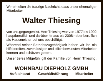 Todesanzeige von Walter Thiesing von SYK