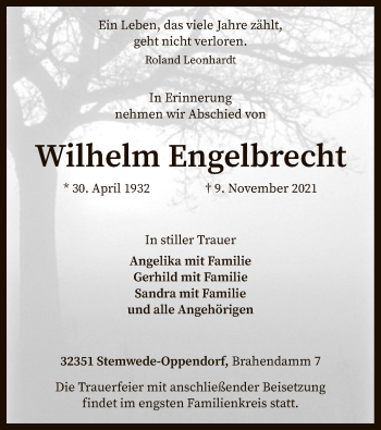 Todesanzeige von Wilhelm Engelbrecht von SYK