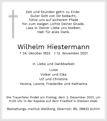 Todesanzeige von Wilhelm Hiestermann von SYK