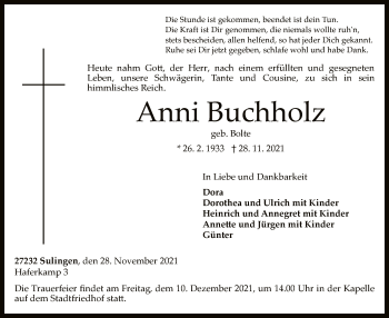 Todesanzeige von Anni Buchholz von SYK