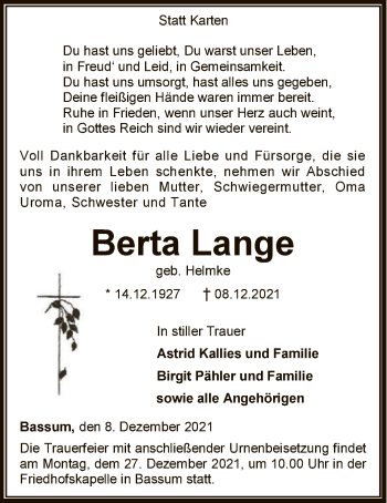 Todesanzeige von Berta Lange von SYK