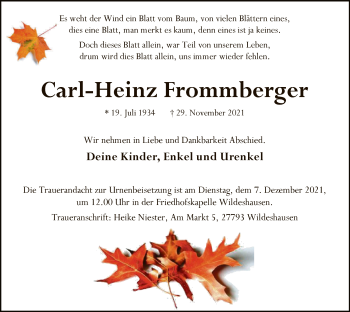 Todesanzeige von Carl-Heinz Frommberger von SYK