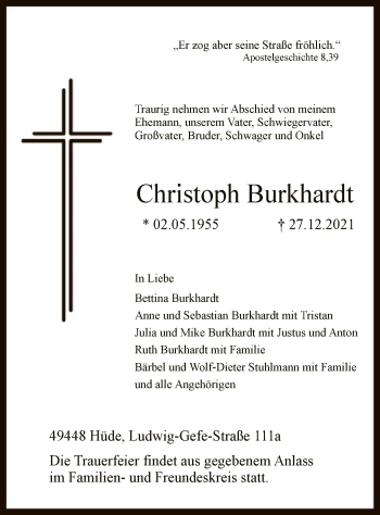 Todesanzeige von Christoph Burkhardt von SYK