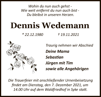 Todesanzeige von Dennis Wedemann von SYK