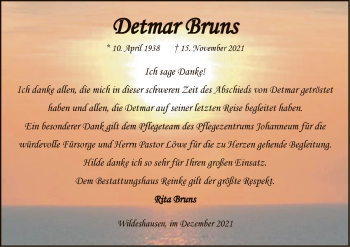 Todesanzeige von Detmar Bruns von SYK