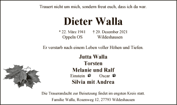 Todesanzeige von Dieter Walla von SYK