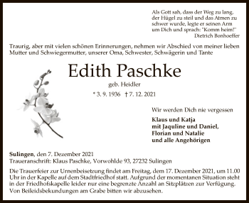 Todesanzeige von Edith Paschke von SYK