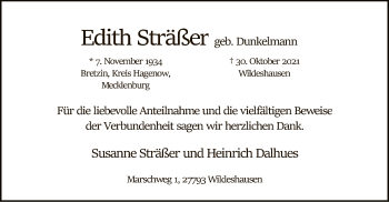 Todesanzeige von Edith Sträßer von SYK