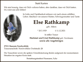 Todesanzeige von Else Rathkamp von SYK