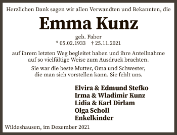 Todesanzeige von Emma Kunz von SYK