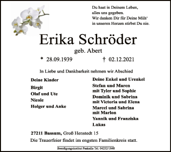 Todesanzeige von Erika Schröder von SYK