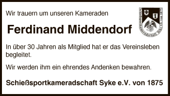 Todesanzeige von Ferdinand Middendorf von SYK