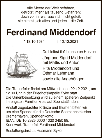 Todesanzeige von Ferdinand Middendorf von SYK