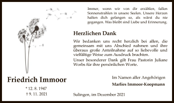 Todesanzeige von Friedrich Immoor von SYK