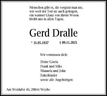 Todesanzeige von Gerd Dralle von SYK
