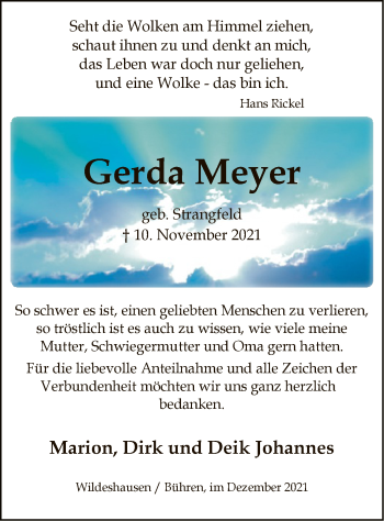 Todesanzeige von Gerda Meyer von SYK