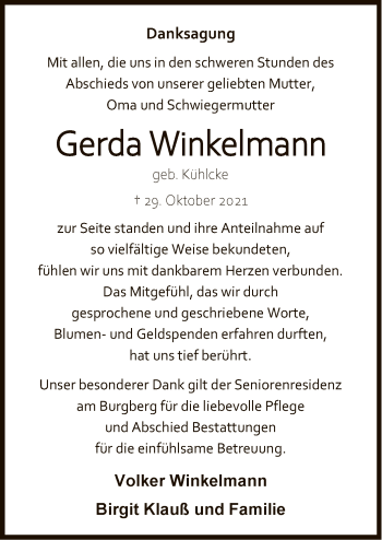 Todesanzeige von Gerda Winkelmann von SYK