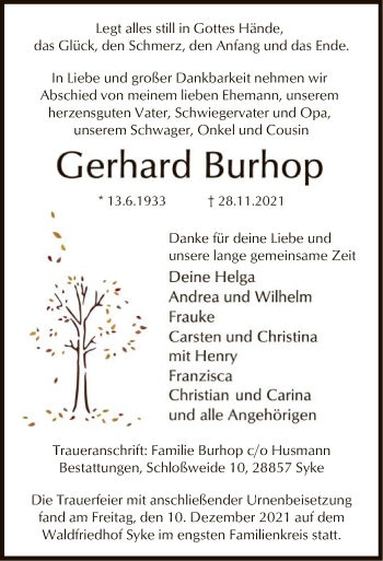 Todesanzeige von Gerhard Burhop von SYK