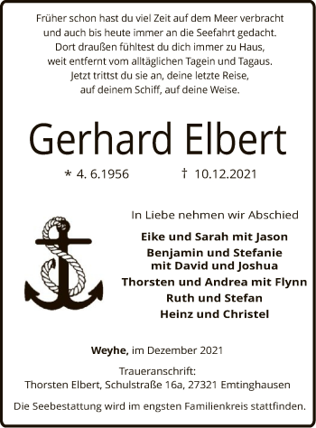 Todesanzeige von Gerhard Elbert von SYK