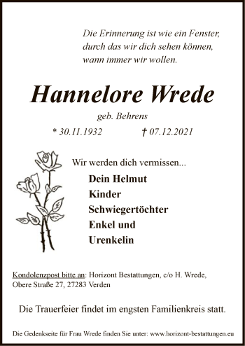 Todesanzeige von Hannelore Wrede von SYK