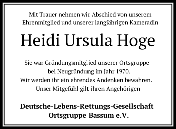 Todesanzeige von Heidi Ursula Hoge von SYK