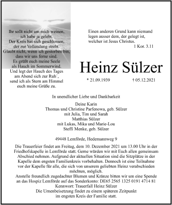 Todesanzeige von Heinz Sülzer von SYK