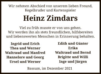 Todesanzeige von Heinz Zimdars von SYK