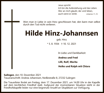 Todesanzeige von Hilde Hinz-Johannsen von SYK