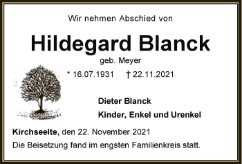 Todesanzeige von Hildegard Blanck von SYK