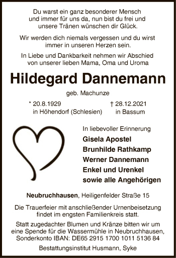 Todesanzeige von Hildegard Dannemann von SYK