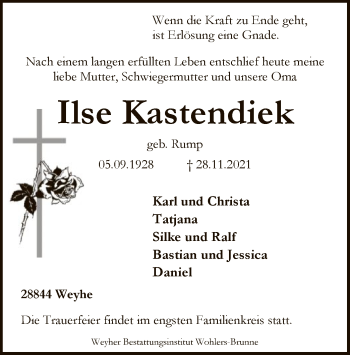 Todesanzeige von Ilse Kastendiek von SYK
