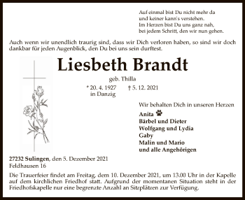 Todesanzeige von Liesbeth Brandt von SYK