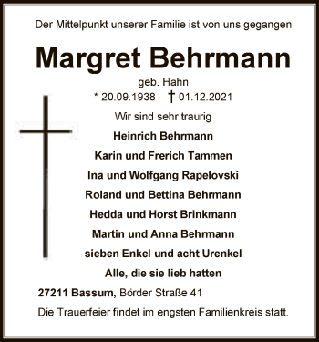 Todesanzeige von Margret Behrmann von SYK