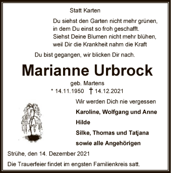 Todesanzeige von Marianne Urbrock von SYK