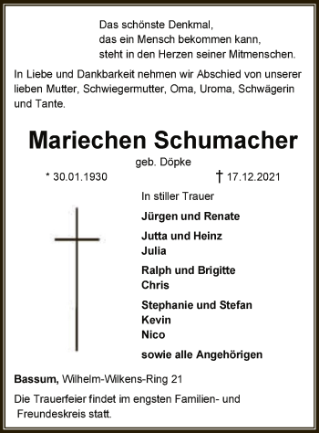 Todesanzeige von Mariechen Schumacher von SYK