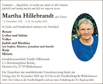 Todesanzeige von Martha Hillebrandt von SYK