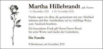 Todesanzeige von Martha Hillebrandt von SYK