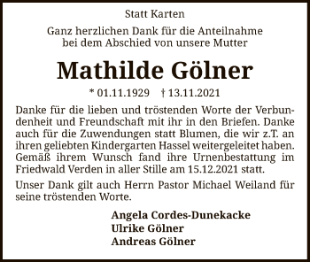 Todesanzeige von Mathilde Gölner von SYK