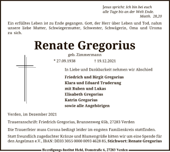 Todesanzeige von Renate Gregorius von SYK