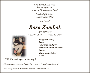 Todesanzeige von Rosa Zambok von SYK
