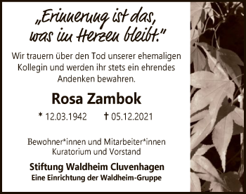 Todesanzeige von Rosa Zambok von SYK