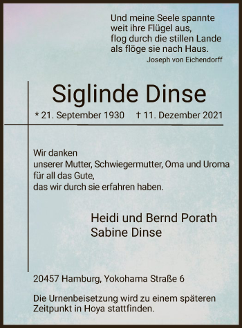 Todesanzeige von Siglinde Dinse von SYK