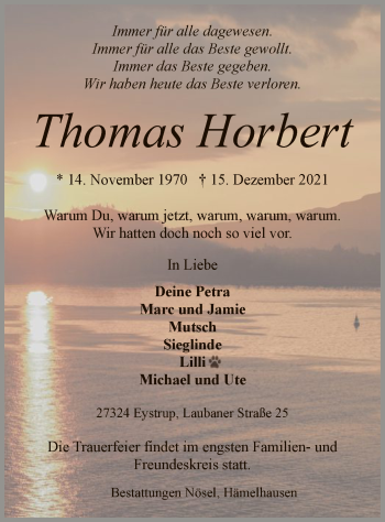 Todesanzeige von Thomas Horbert von SYK