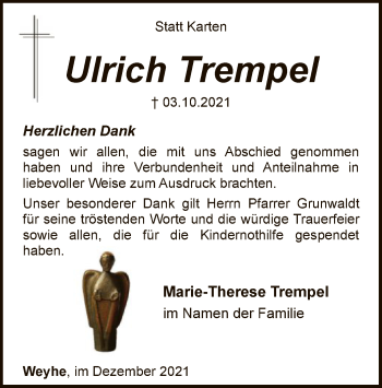 Todesanzeige von Ulrich Trempel von SYK