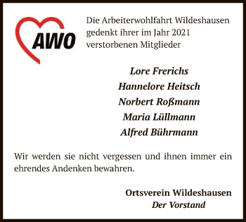 Todesanzeige von verstorbenen Mitglieder Arbeiterwohlfahrt Wildeshausen von SYK
