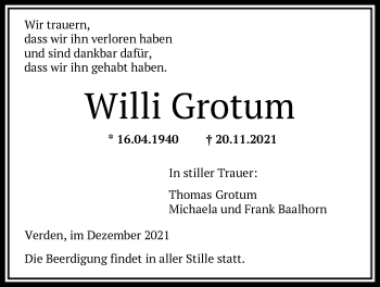 Todesanzeige von Willi Grotum von SYK